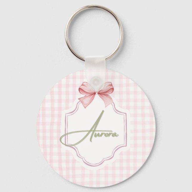Aurora Personlig Rosa Bow & Gingham Skriv ut Nyckelring (Framsida)