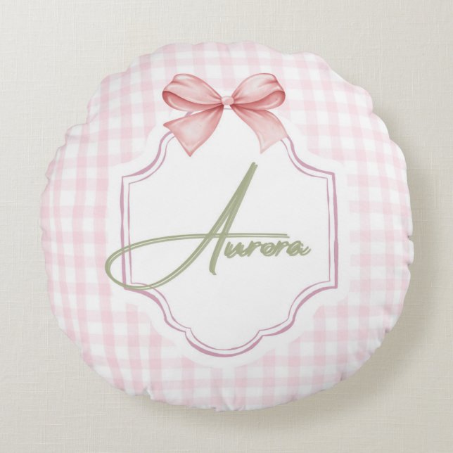 Aurora Personlig Rosa Bow & Gingham Skriv ut Rund Kudde (Framsidan)