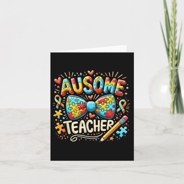 Ausome Teacher Autism Awareness Bow Puzzle Apparat Kort (Framsida)