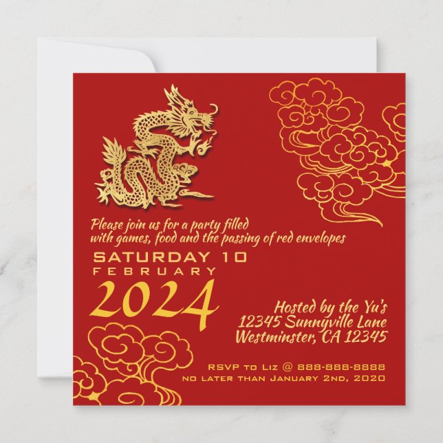 Auspicious Clouds Chinese New Year Dragon 2024 Sq Inbjudningar (Baksida)