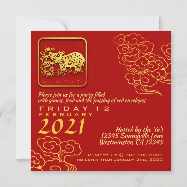 Auspicious Clouds Chinese New Year OX 2021 PInv Inbjudningar (Framsida)