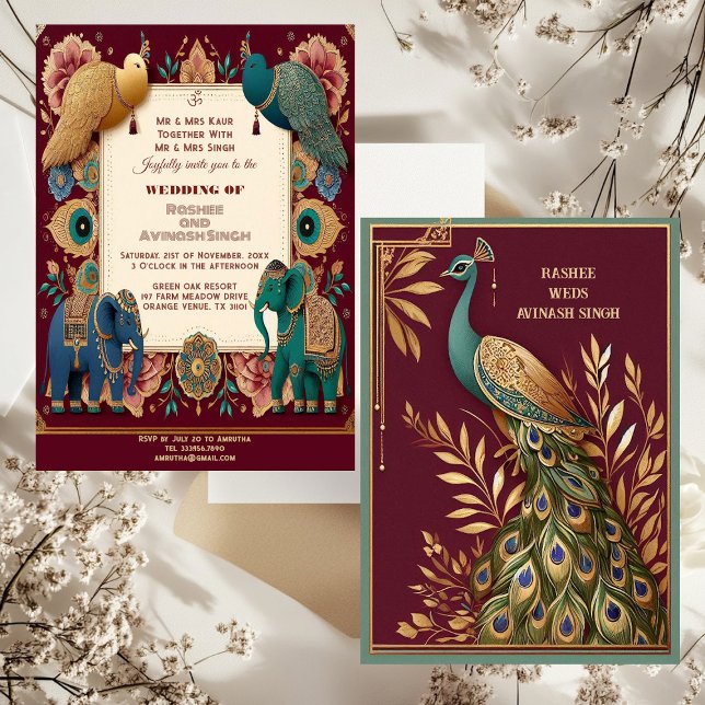 Auspicious Elephants Peacock Feather Ornate Indian Inbjudningar (Auspicious Elephants Peacock Feather Ornate Indian Invitation)