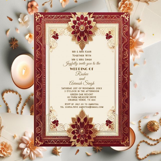 Auspicious Gold Ornate Floral Maroon Grand Indian Inbjudningar (Auspicious Gold Ornate Floral Maroon Grand Indian Invitation)