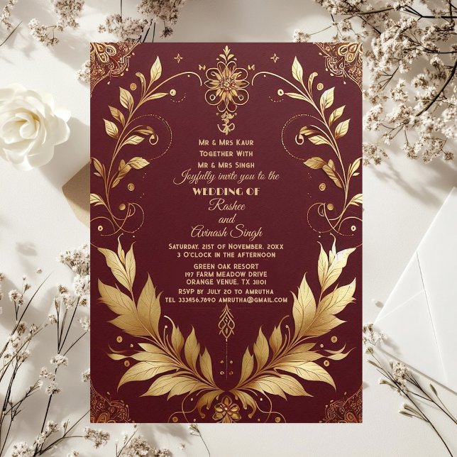 Auspicious Gold Ornate Maroon Leafy Swirls Indian Inbjudningar (Auspicious Gold Ornate Maroon Leafy Swirls Indian Invitation)
