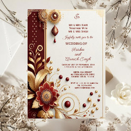 Auspicious Guld Ornate Maroon Blommigt Motifs Indi Inbjudningar