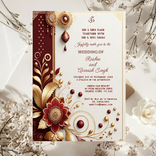 Auspicious Guld Ornate Maroon Blommigt Motifs Indi Inbjudningar