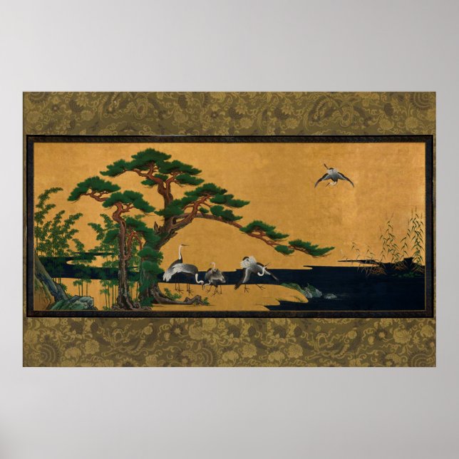 Auspicious pine, bamboo, plum, crane, and turtles poster (Framsidan)