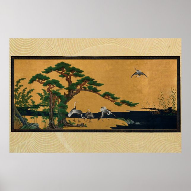 Auspicious pine, bamboo, plum, crane, and turtles poster (Framsidan)