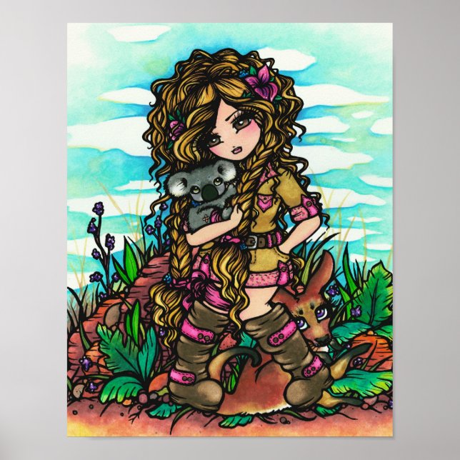 Aussie Girl Koala Kangaroo Art Australia Outback Poster (Framsidan)