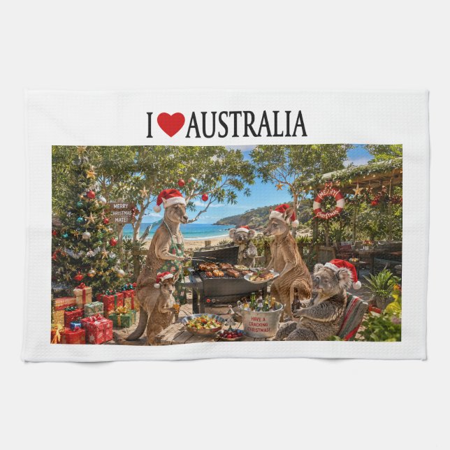 Aussie jul känguru koala strand BBQ  Kökshandduk (Horisontell)