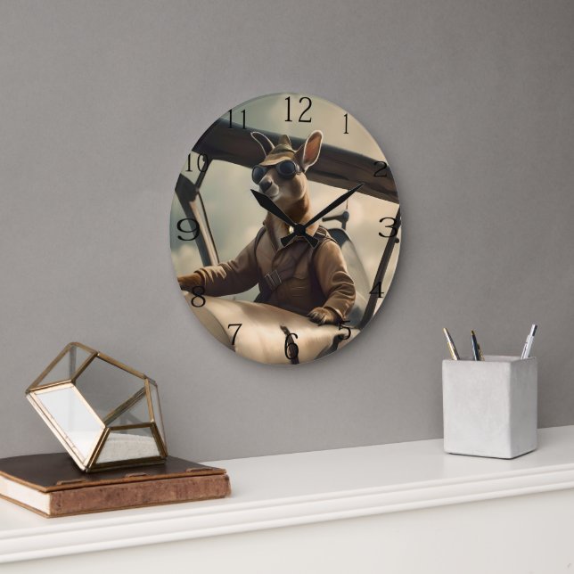 Aussie Kangaroo Airplan Pilot Stor Klocka (Kontor)