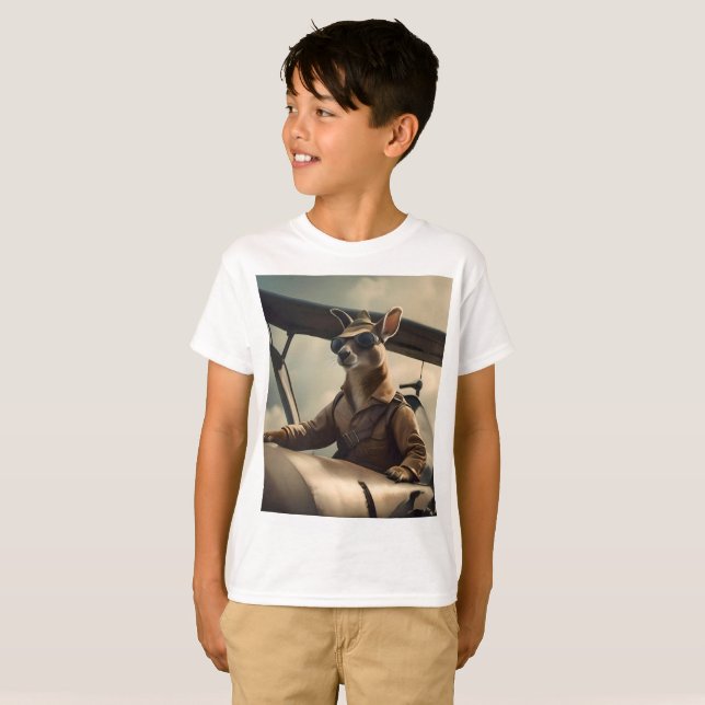 Aussie Kangaroo Airplan Pilot T Shirt (Hel framsida)