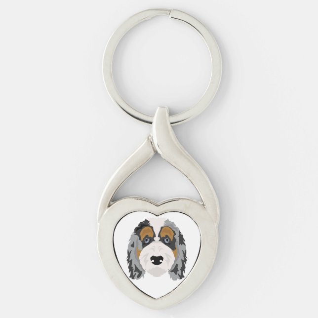 Aussiedoodle hundmix twisted heart silverfärgad nyckelring (Framsidan)