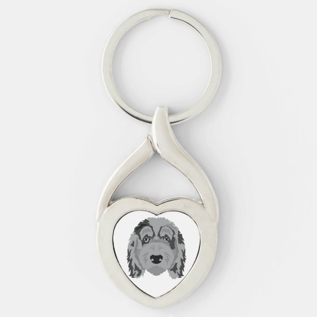 Aussiedoodle hundmix twisted heart silverfärgad nyckelring (Framsidan)