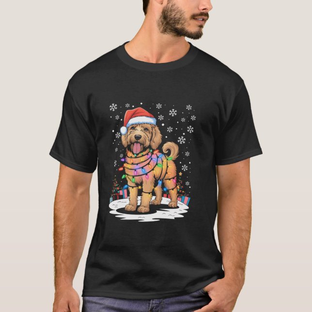 Aussiedoodle Liten Hund Julljus Julafton Pappa Mo T Shirt (Framsida)