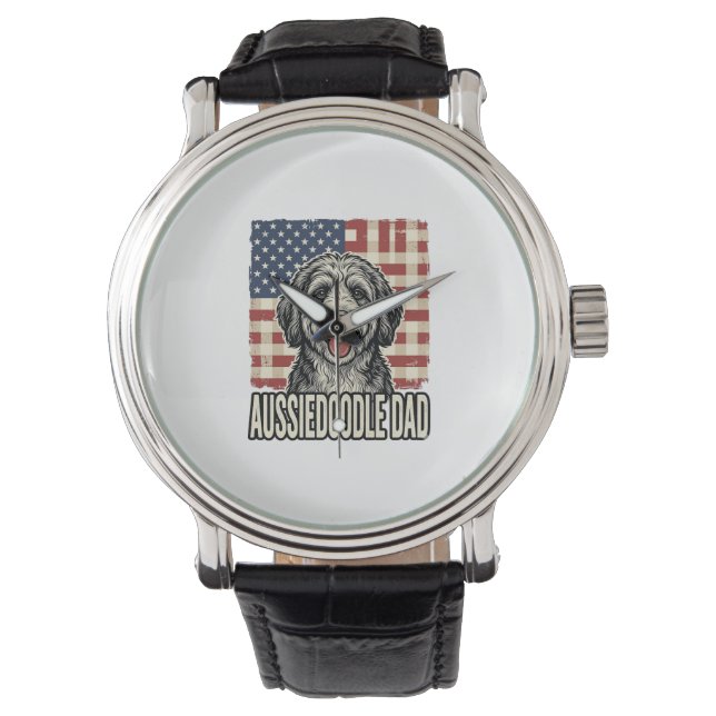 Aussiedoodle Pappa Patriotisk Vintage Hund Tröja D Armbandsur (Framsida)