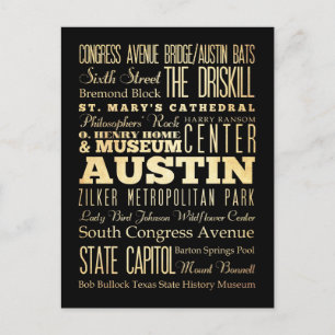 Austin City of Texas State Typography Art Vykort