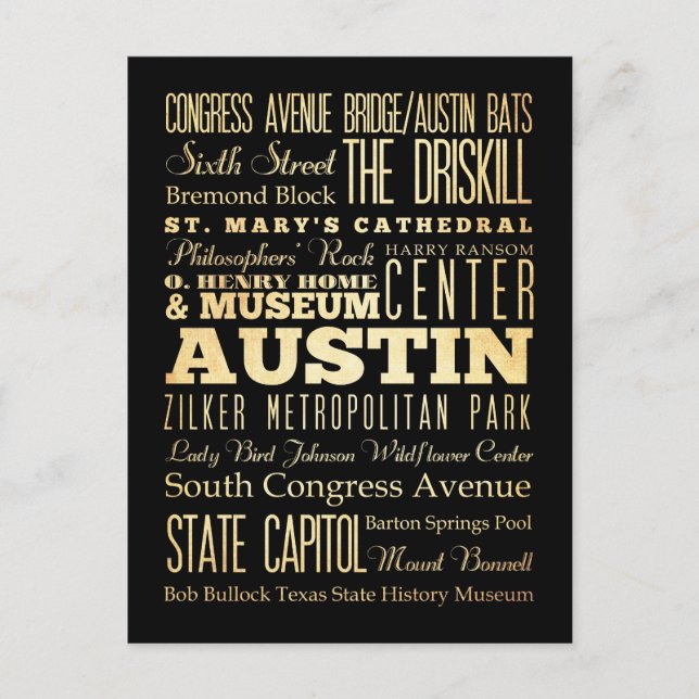 Austin City of Texas State Typography Art Vykort (Framsida)