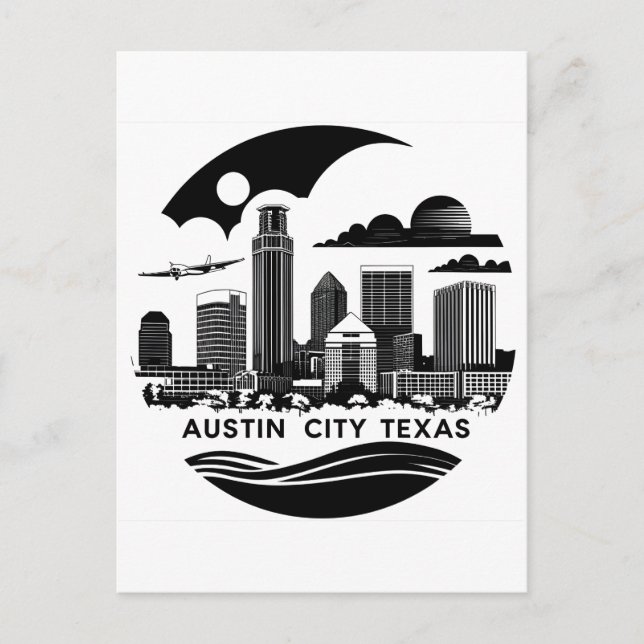 Austin City Texas Siluett Retro Svart & Vitt Konst Vykort (Framsida)