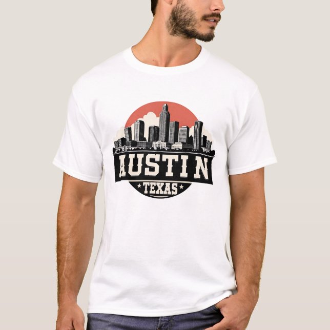 Austin City Texas Skyline Retro Black & White Art T Shirt (Framsida)