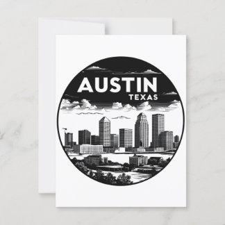 Austin City Texas Skyline Retro Black & White Art Vykort