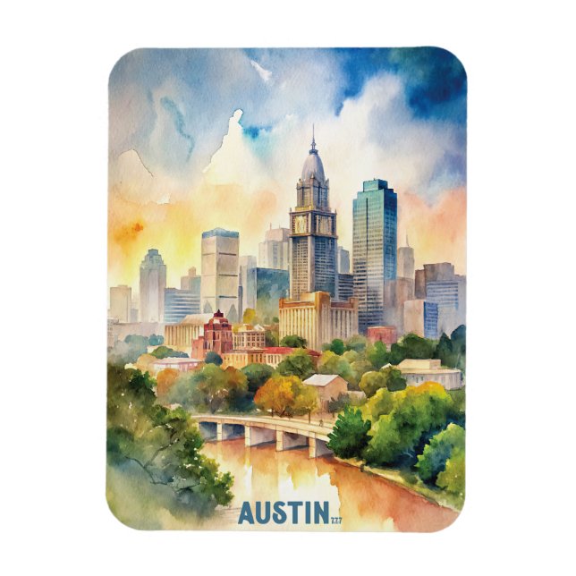 Austin City Watercolor Painting Magnet (Vertikal)