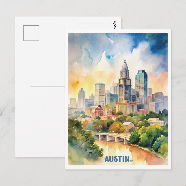 Austin City Watercolor Painting Vykort (Fram/baksida)