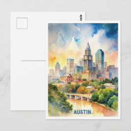 Austin City Watercolor Painting Vykort