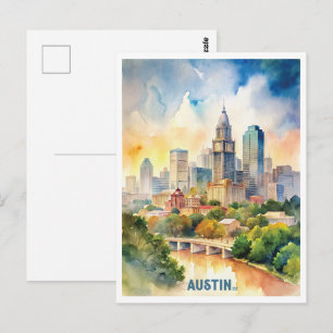 Austin City Watercolor Painting Vykort