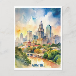 Austin City Watercolor Painting Vykort