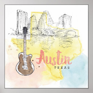 Austin den Texas vattenfärgen skissar Poster