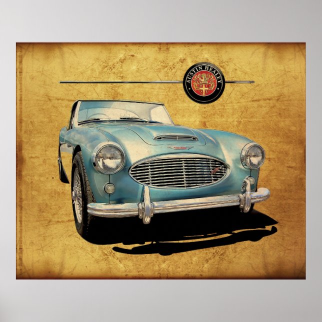 Austin Healey 3000 blå på vitt Poster (Framsidan)