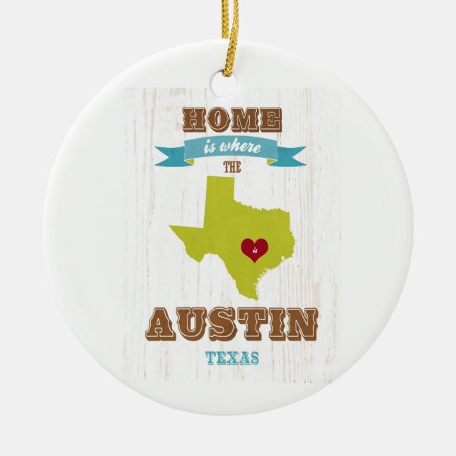 Austin hem- Texas karta - är var hjärtan är Julgransprydnad Keramik (Framsidan)