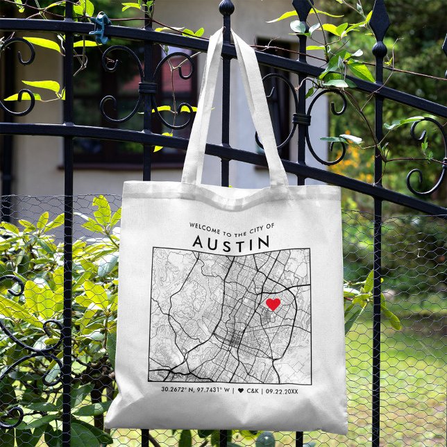 Austin Kärlek Locator | City Karta Bröllop Välkomm Tygkasse (The more complete visual of what your final Austin Map tote bag would look like in real life.)