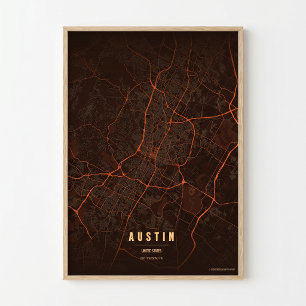 Austin Karta Värmebölja Texas Stad Affisch Väggkon