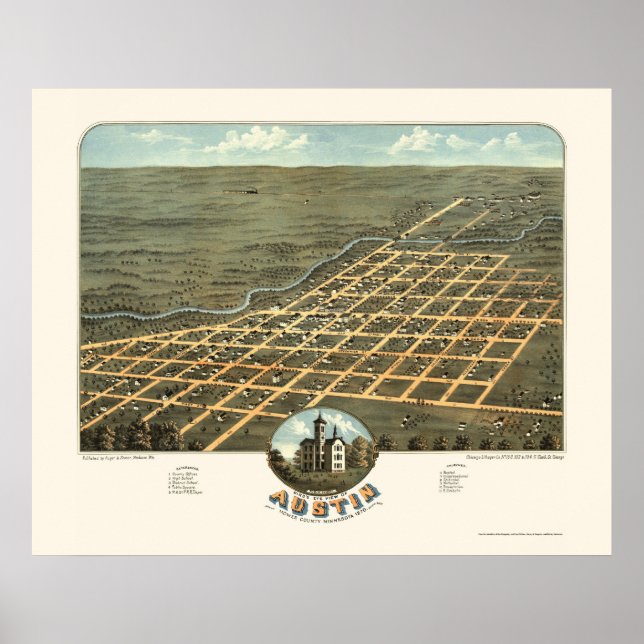Austin, MN Panoramic Karta - 1870 Poster (Framsidan)