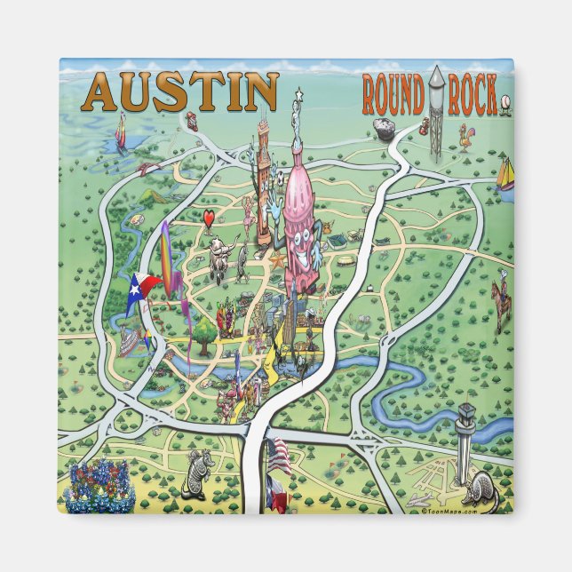 Austin Round Sten Texas Roligt Karta Magnet (Framsidan)