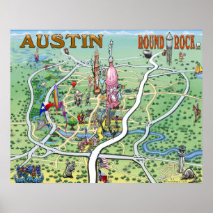 Austin Round Sten Texas Roligt Karta Poster