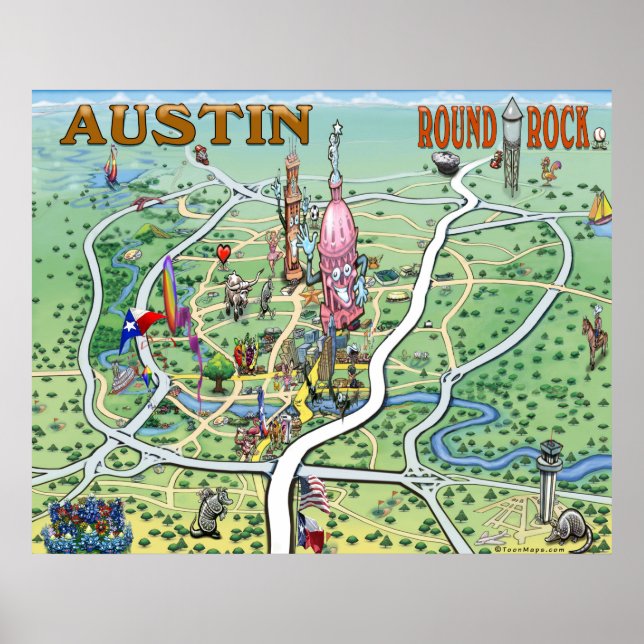 Austin Round Sten Texas Roligt Karta Poster (Framsidan)