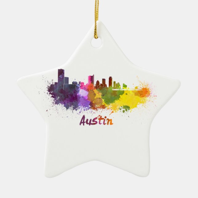 Austin skyline in watercolor julgransprydnad keramik (Framsidan)