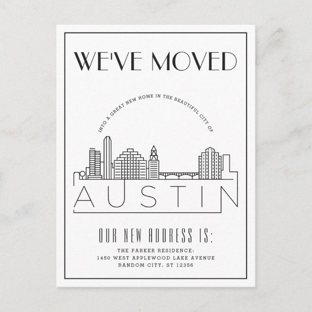 Austin Skyline Modern Deco | Ny adress Meddelande Vykort (Framsida)
