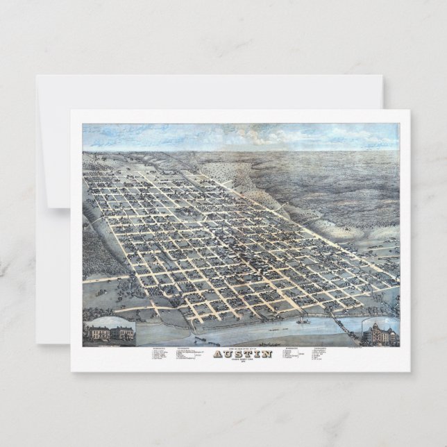 Austin, Texas Antik Aerial Stadskarta från 1873 Inbjudningar (Framsida)
