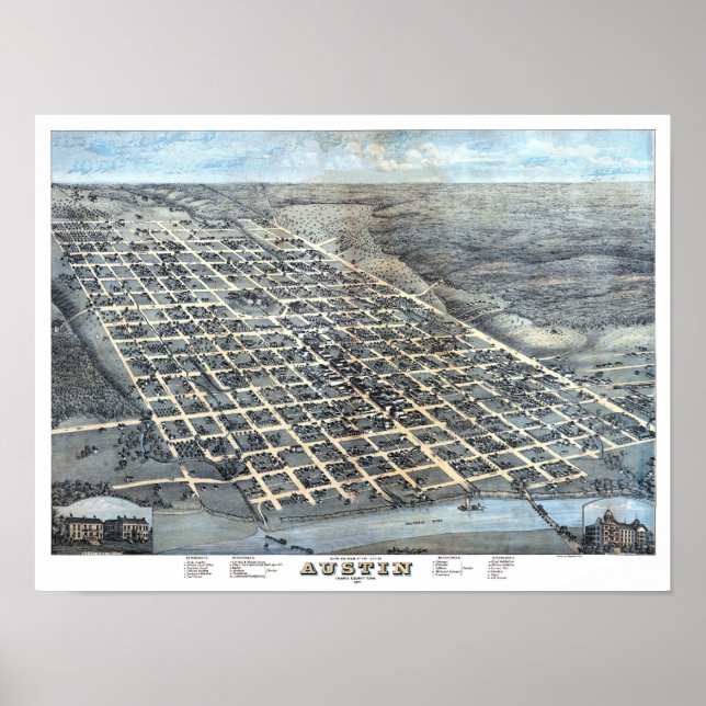Austin, Texas Antik Aerial Stadskarta från 1873 Poster (Framsidan)