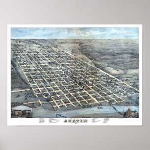Austin, Texas Antik Flygvy Stadskarta från 1873 Poster