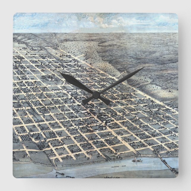 Austin, Texas antika flygkarta från 1873 Fyrkantig Klocka (Framsida)