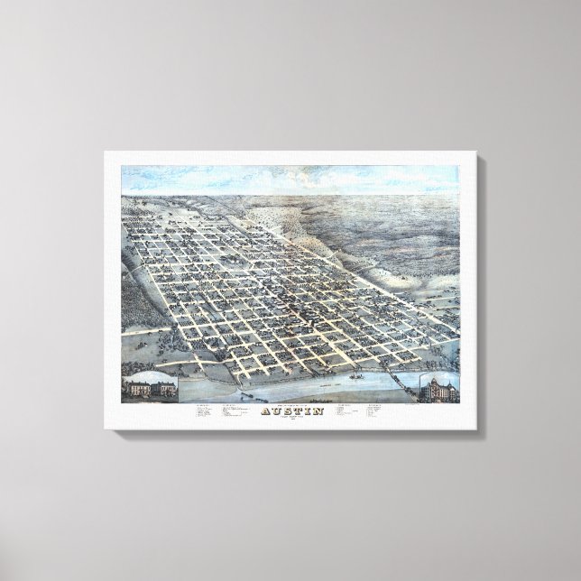 Austin, Texas Antique Aerial City Karta från 1873 Canvastryck (Framsida)