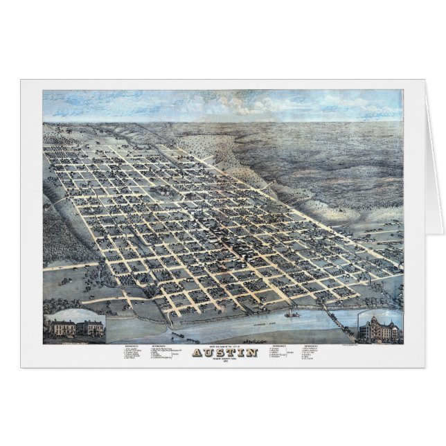 Austin, Texas Antique Aerial City Karta från 1873 Hälsningskort (Framsidan Horizontal)