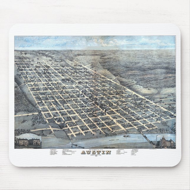 Austin, Texas Antique Aerial City Karta från 1873 Musmatta (Framsidan)