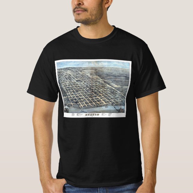 Austin, Texas Antique Aerial City Karta från 1873 T-shirt (Framsida)