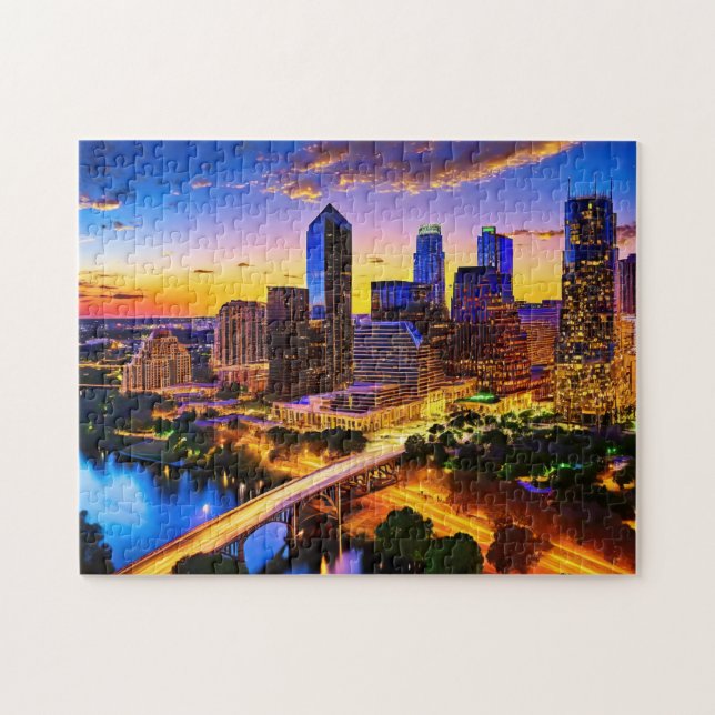 Austin Texas Art 3 Photo Puzzle Skyline Art Austin Pussel (Horisontell)